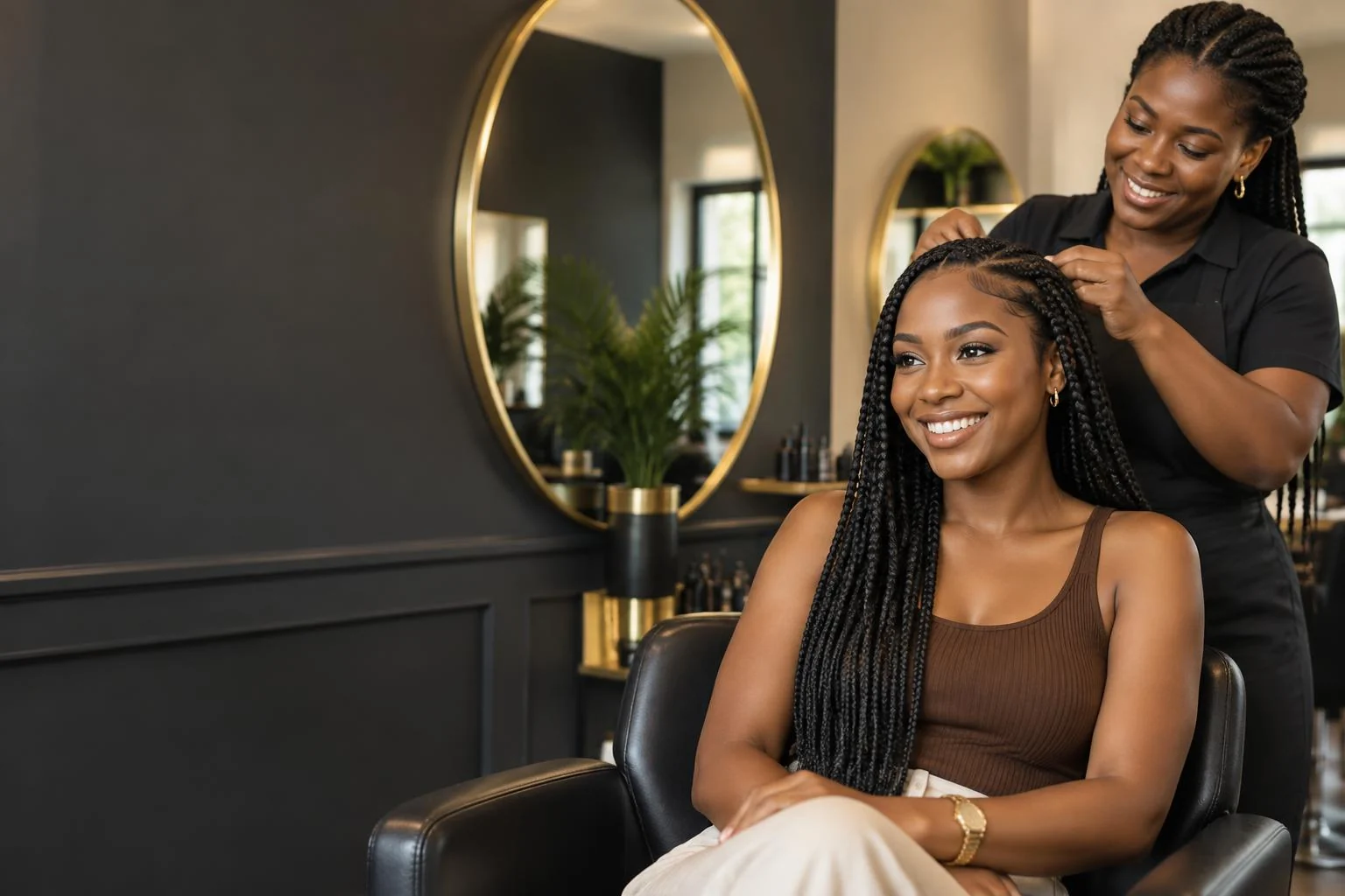 A smiling client enjoying a beautiful braided hairstyle with her stylist